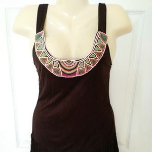DREAM GIRL Beaded and fringed dark brown top.